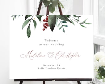 Winter Welcome Sign Template Download, Editable Christmas Welcome Sign Landscape, Printable Holly Welcome To Our Wedding, Templett, C57