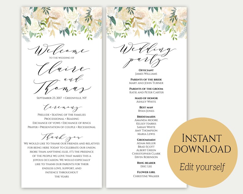Instant Download Editable Program Wedding Program Template PDF Gold Wedding Program Printable Order Of Ceremony Ceremony Template C3