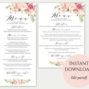 Wedding Menu Template, 5x7, 4x9, Wedding Menu Cards, Menu Cards, Editable Menu, Menu Card Template, Floral Menu, Party Menu, Printable, C1 imagen 1