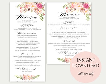 Wedding Menu Template, 5x7, 4x9, Wedding Menu Cards, Menu Cards, Editable Menu, Menu Card Template, Floral Menu, Party Menu, Printable, C1