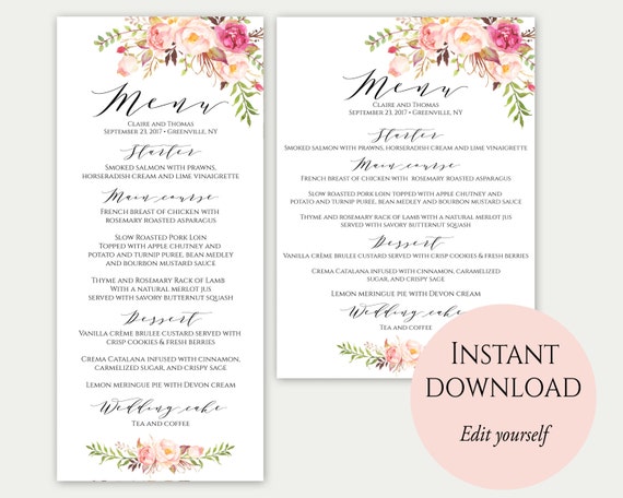 wedding menu template 5x7 4x9 wedding menu cards menu etsy