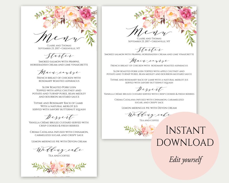 Wedding Menu Template, 5x7, 4x9, Wedding Menu Cards, Menu Cards, Editable Menu, Menu Card Template, Floral Menu, Party Menu, Printable, C1 image 1