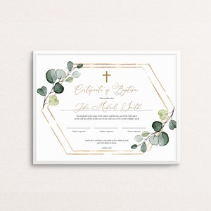 Certificado de bautismo Plantilla para descargar Certificado de dedicación de bebé editable Certificado de bautizo de cruz de vegetación para niño Templett para niña, C22