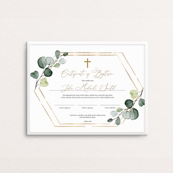 Certificate of Baptism Template, Baby Dedication Certificate, Boy, Instant Download, Greenery Cross Christening Certificate, Templett, C22