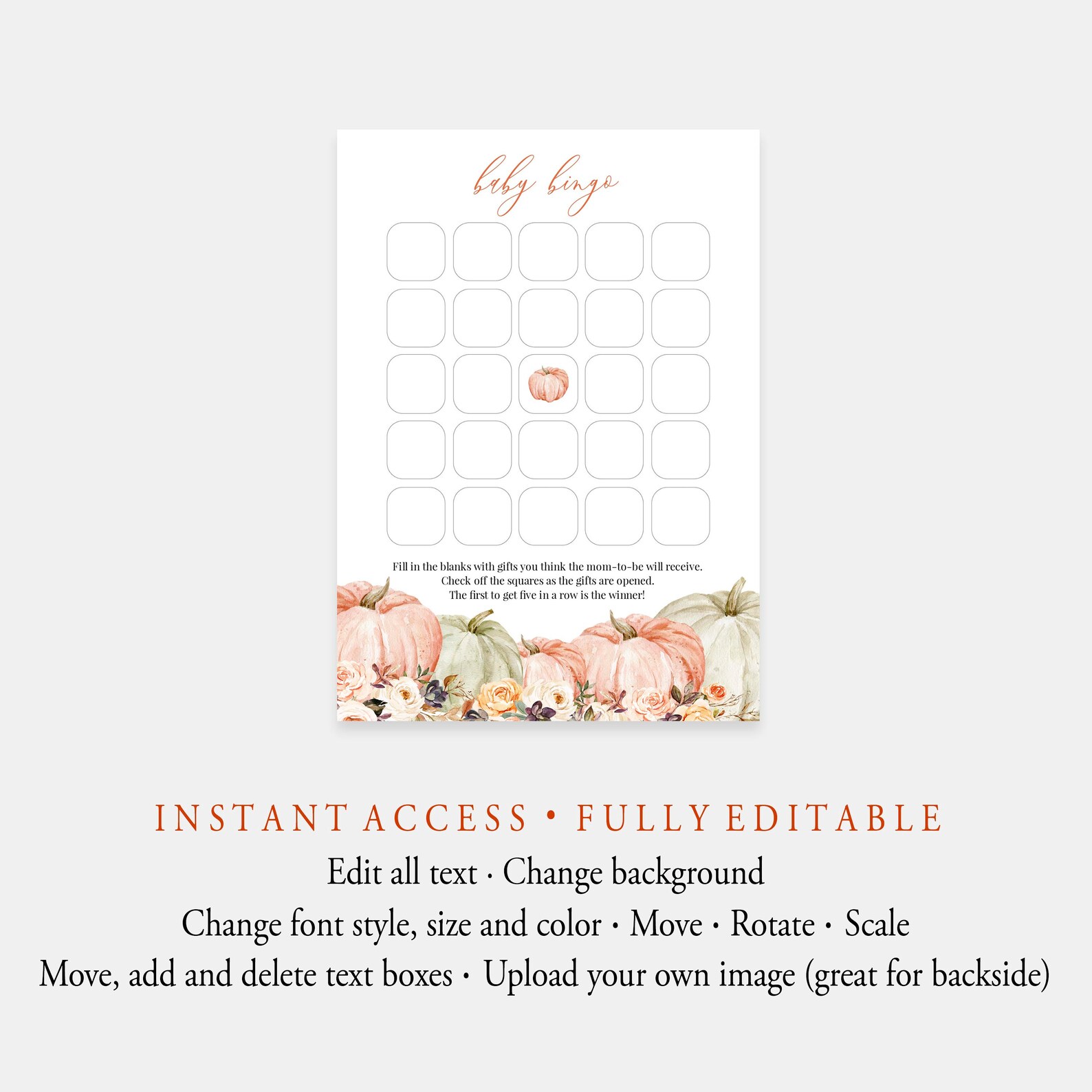 Pumpkin Baby Bingo Game Template Instant Download Editable - Etsy