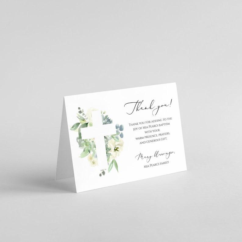 Baptism Thank You Card Template, Instant Download, Succulent Thank You Cards, Floral Cross Thank You Note, Printable Thank You, Templett C15 image 1