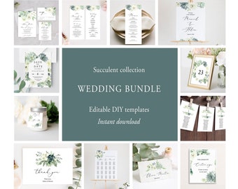 Succulent Wedding Bundle, Editable Wedding Bundle Template, Printable Wedding Invitation Suite, Save Money, Wedding Essentials, Templett C15
