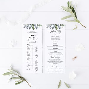 Eukalyptus Hochzeit Timeline Vorlage, bearbeitbare druckbare Zeremonienvorlage, druckbares Hochzeitsprogramm, Reihenfolge der Zeremonie, Templett C40