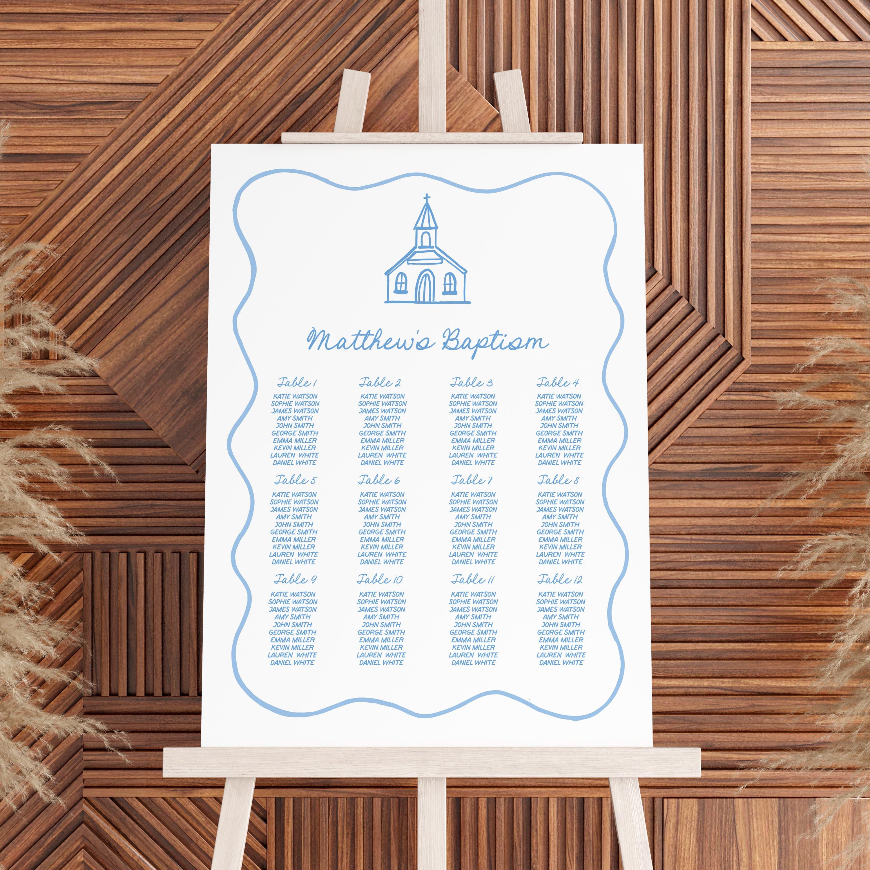 Seating Chart Confirmation Hand Drawn Baptism Seating Chart Boy Editable Template Whimsical ...