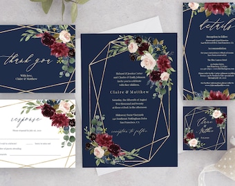 Wedding Invitation, Printable Invitation Template, Invitation Suite, Wedding Set, Editable Wedding Invite, Navy Burgundy Invitation Set, C14