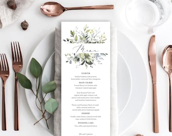 Wedding Menu Template, Fully Editable, 5x7, 3.75x9, Wedding Menu Cards, Templett, Editable Menu, Greenery Menu, Printable Party Menu, C12