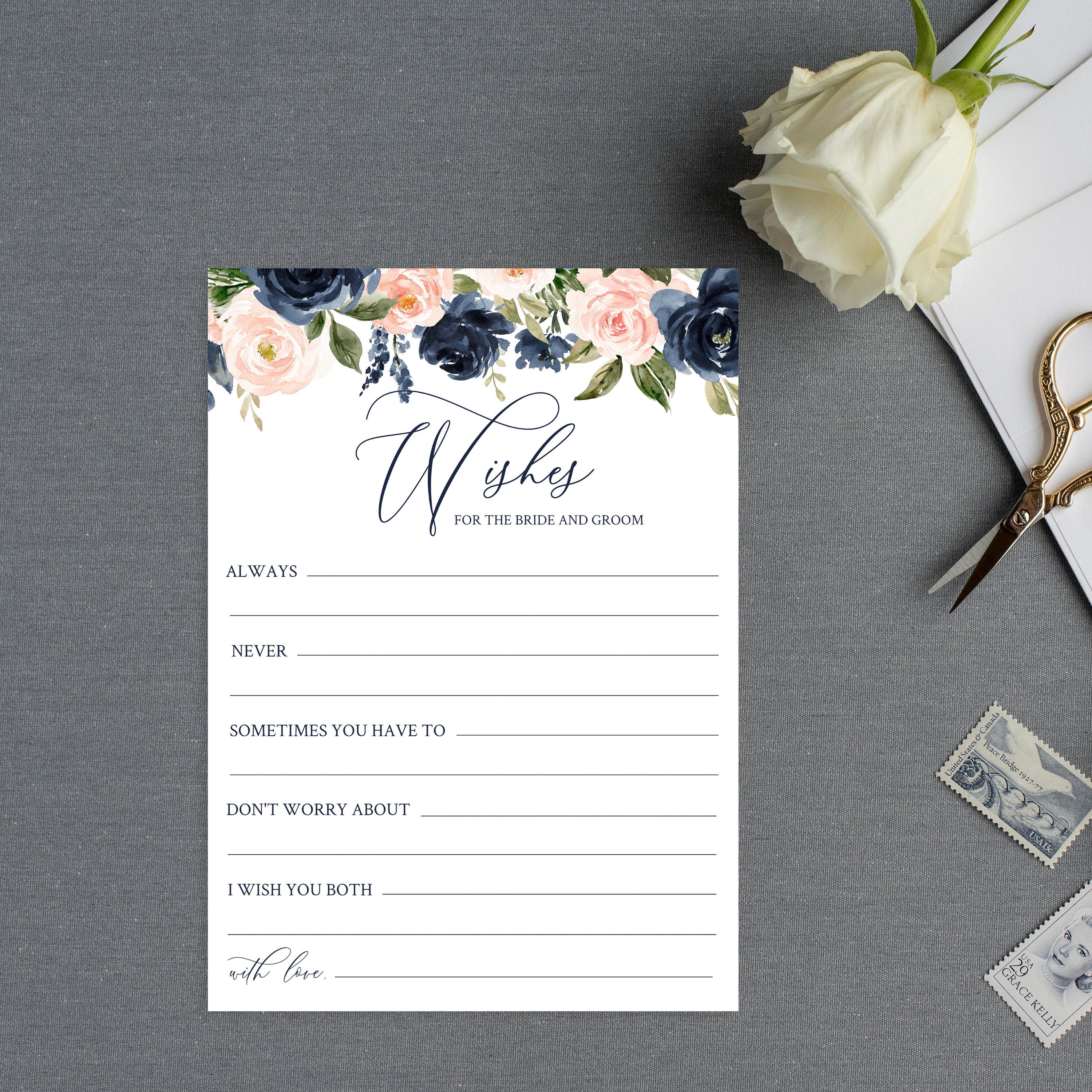Editable Wishes For The Bride And Groom, Printable Wedding Advice Card, Wishes For The Newlyweds Template, Bridal Shower Game, Templett, C24