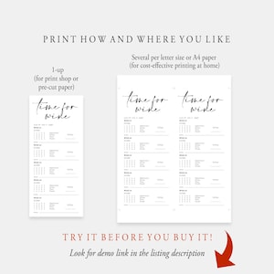 K&ouml;nnte beinhalten: Druckbarer Wein-Degustations-Logbuch mit dem Text "Time for Wine" oben. Das Logbuch bietet Platz f&uuml;r die Aufzeichnung von Weinname, Datum, Bewertung, Aussehen, Aroma, Geschmack und Abgang. Das Bild zeigt zwei verschiedene Druckoptionen: einseitig f&uuml;r den Druck in einer Druckerei und mehrere pro Seite f&uuml;r den Druck zu Hause.