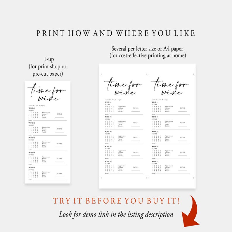 K&ouml;nnte beinhalten: Druckbarer Wein-Degustations-Logbuch mit dem Text "Time for Wine" oben. Das Logbuch bietet Platz f&uuml;r die Aufzeichnung von Weinname, Datum, Bewertung, Aussehen, Aroma, Geschmack und Abgang. Das Bild zeigt zwei verschiedene Druckoptionen: einseitig f&uuml;r den Druck in einer Druckerei und mehrere pro Seite f&uuml;r den Druck zu Hause.