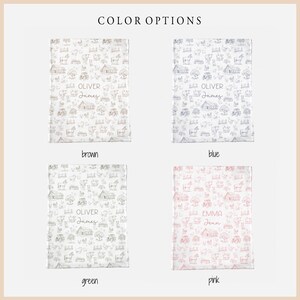 May include: Four rectangular blankets featuring a repeating farm-themed pattern with barns, tractors, and animals. Each blanket displays the text COLOR OPTIONS at the top and personalized names like OLIVER James or EMMA Jean in brown, blue, green, or pink.