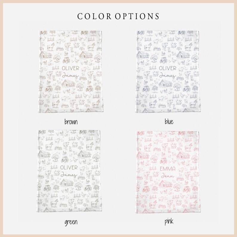 May include: Four rectangular blankets featuring a repeating farm-themed pattern with barns, tractors, and animals. Each blanket displays the text COLOR OPTIONS at the top and personalized names like OLIVER James or EMMA Jean in brown, blue, green, or pink.