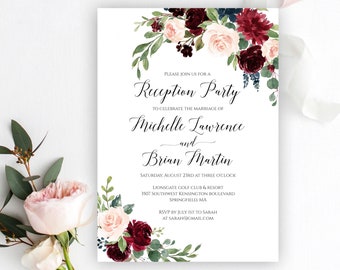 Reception Party Invitation Template, 100% Editable Text, Printable Reception Only Invite, Burgundy Wedding Reception Invites, Templett, C6