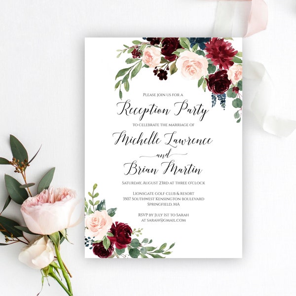 Reception Party Invitation Template, 100% Editable Text, Printable Reception Only Invite, Burgundy Wedding Reception Invites, Templett, C6