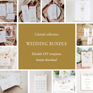 Może przedstawiać: Zestaw zaproszeń ślubnych w stylu kosmicznym. Zestaw zawiera edytowalne szablony DIY do stworzenia tablicy powitalnej, numerów stołów, planu rozmieszczenia gości, menu, kart RSVP i kart z podziękowaniami. Projekt zawiera złote akcenty, akwarelowe ilustracje planet, gwiazd i księżyców oraz neutralną paletę kolorów.