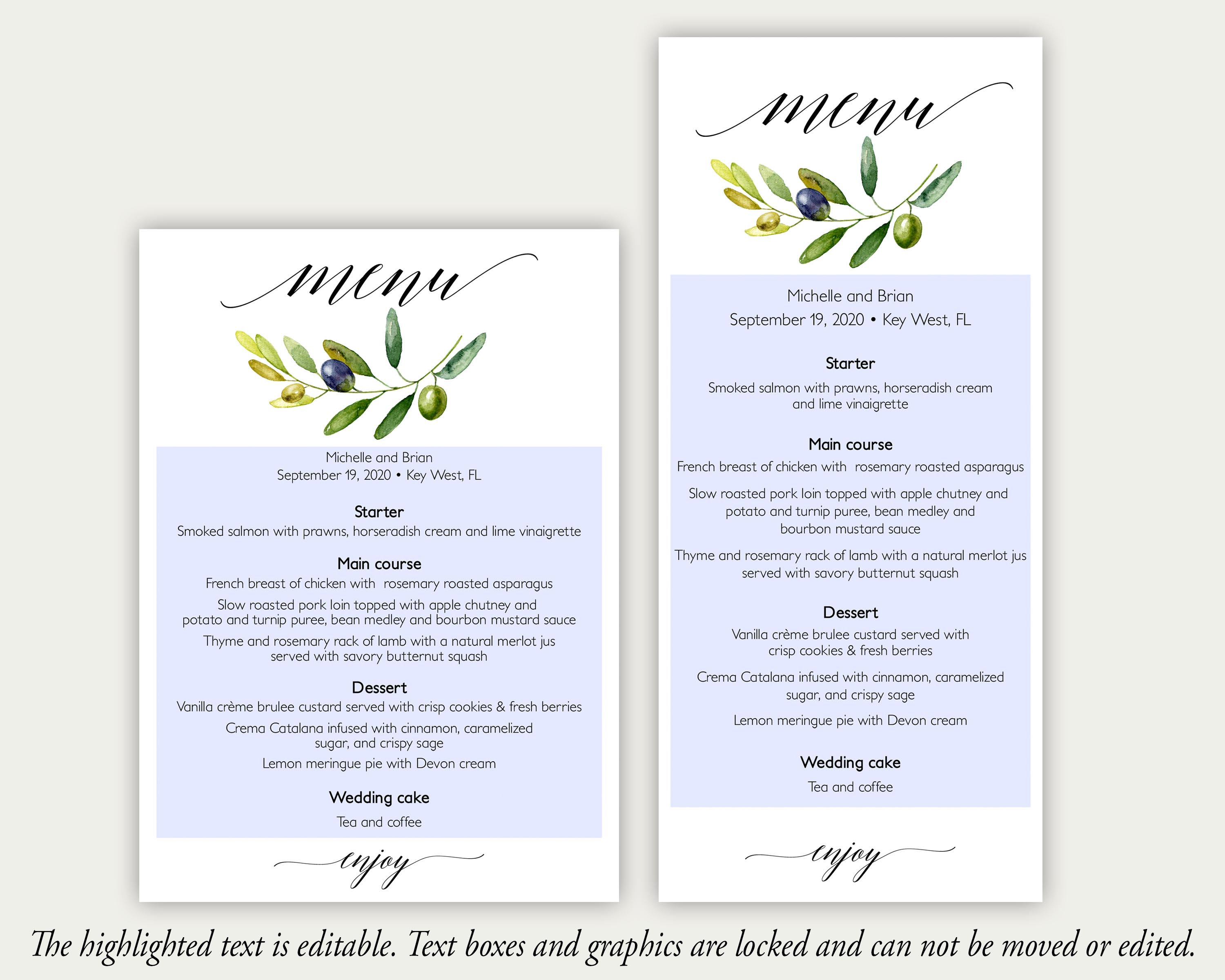 Olive Branch Menu Olive Menu Wedding Menu Template Italian Etsy