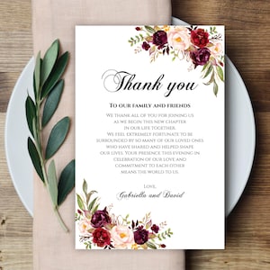 Tarjeta de agradecimiento de boda, nota de agradecimiento, carta de agradecimiento imprimible, agradecimiento editable, agradecimiento con caligrafía, agradecimiento floral, Marsala