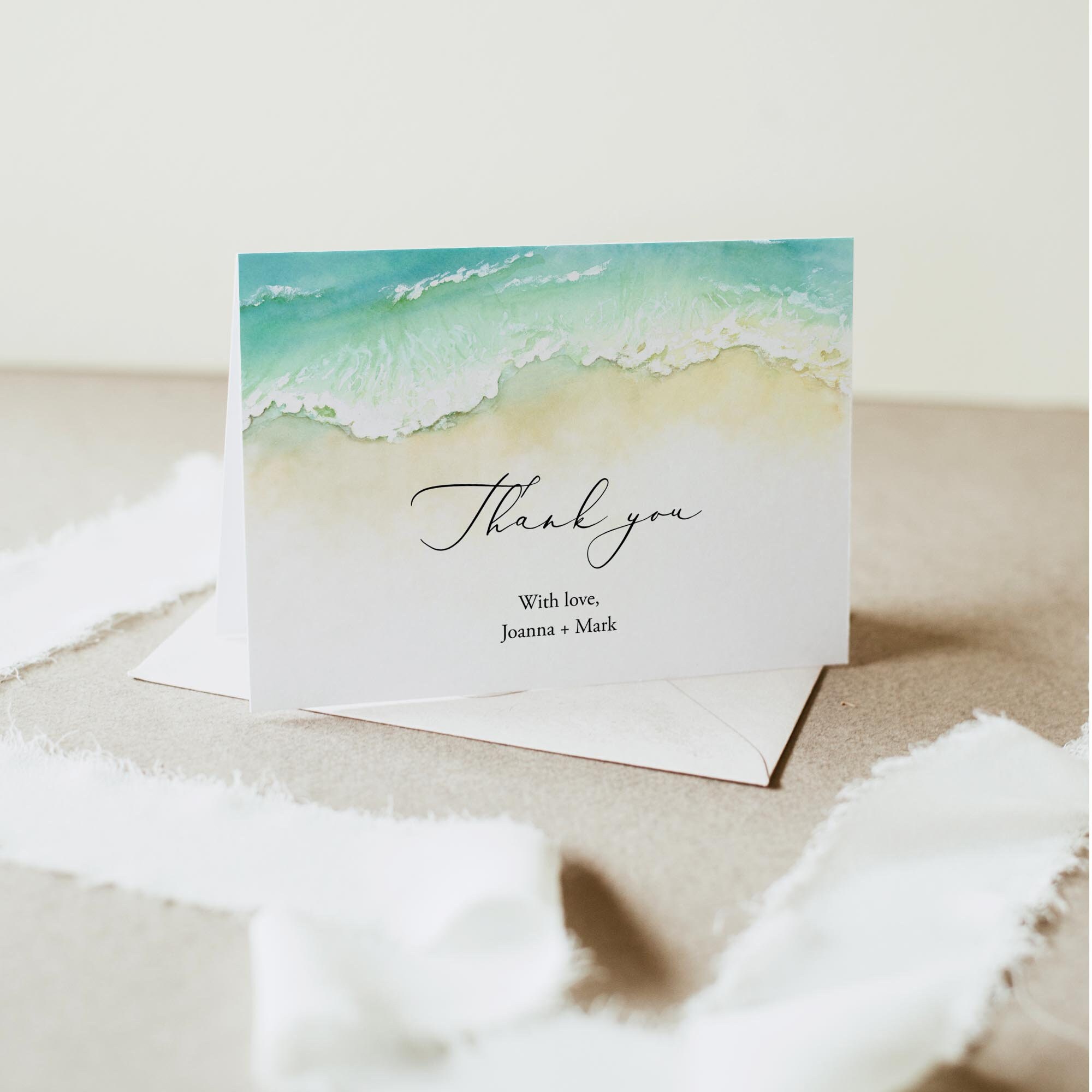 Beach Thank You Card Template, Printable Ocean Wedding Thank You Note ...