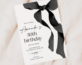 PRINTED + SHIPPED Coquette Bow Birthday Invitation Adult Black Ribbon Invite 30th Birthday 21st Birthday Invitation 16th Birthday Party C103