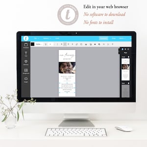 May include: A computer screen displaying a template for a memorial card. The template is a light gray color with a black and white photo of a man. The text on the template reads "In Loving Memory" and "Manuel Garcia".