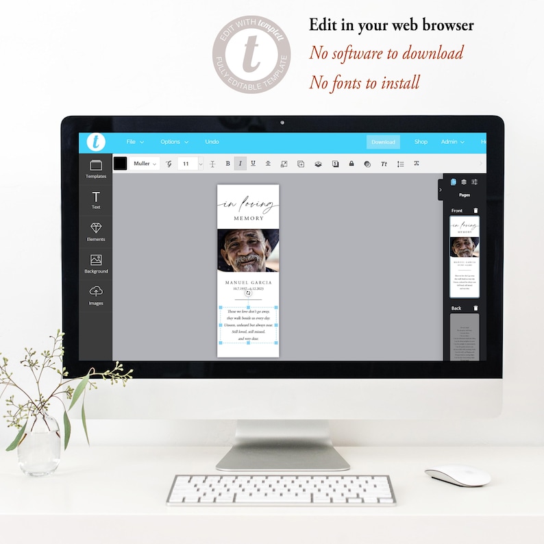 May include: A computer screen displaying a template for a memorial card. The template is a light gray color with a black and white photo of a man. The text on the template reads "In Loving Memory" and "Manuel Garcia".