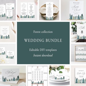Paquete de boda en el bosque, plantilla de paquete de boda editable, paquete de invitación de boda imprimible con motivos naturales, plantillas de boda con pinos Templett C48