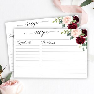 Carte de recette imprimable pour la douche nuptiale, carte de recette florale, carte de recette de Blush bordeaux, téléchargement immédiat, carte de recette imprimable, C6