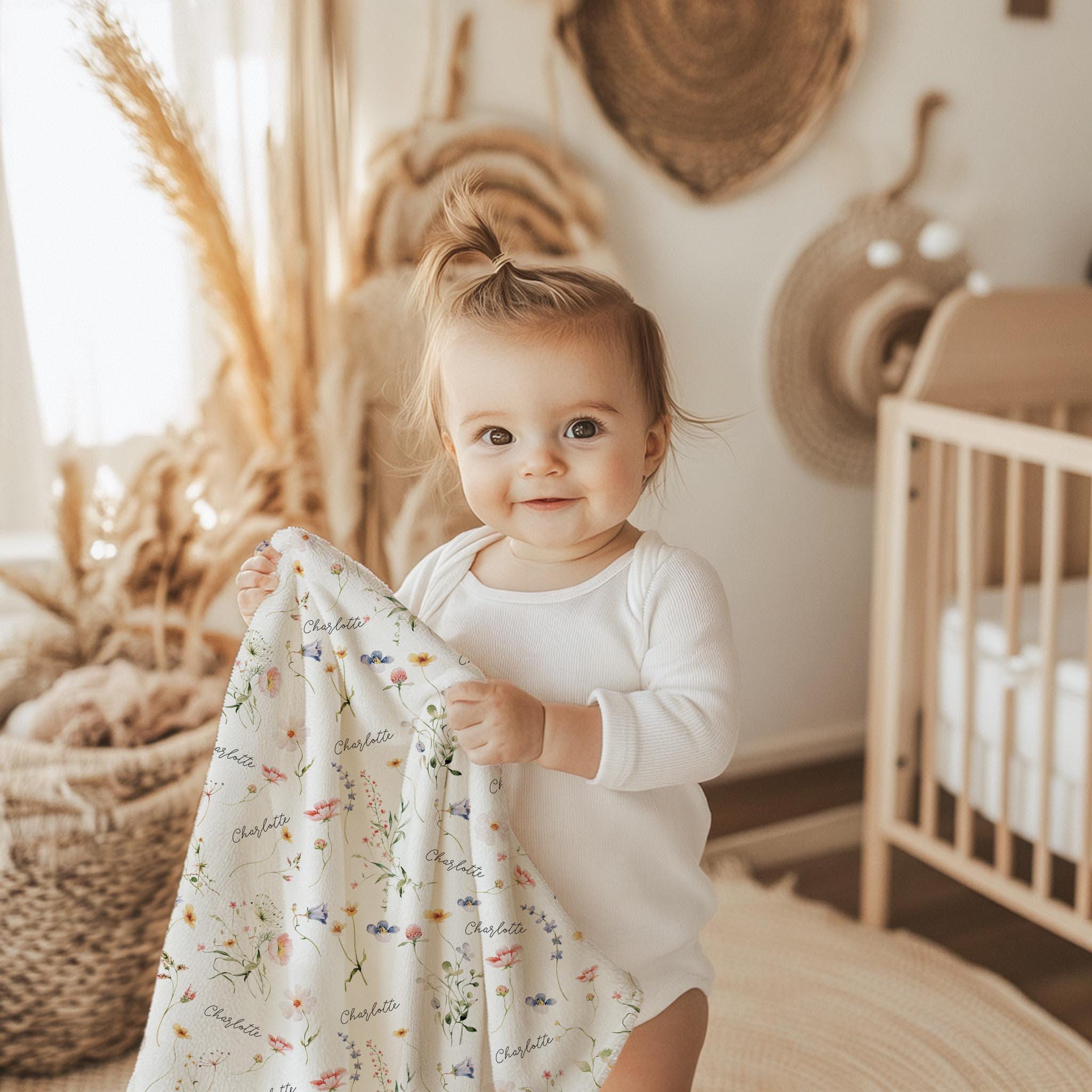 Personalized Wildflower Baby Blanket Custom Baby Shower Gift Newborn Nursery Decor Girl Minky Baby Blanket Fleece Newborn Blanket Girl B1