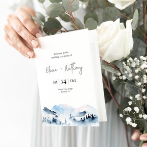 Mountain Folded Wedding Program Template, Editable Folded Ceremony, Printable Christian Program Pines, Long Order Of Ceremony, Templett, C47