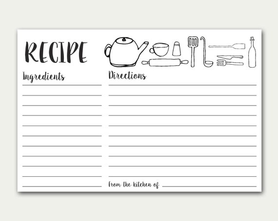 Recipe Cards, Printable Recipe Card, Doodles Recipe Card, DIY Recipe Card,  Black and White Recipe Card, Recipe Card With Kitchen Utensils -  Israel