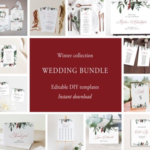 Winter Wedding Bundle, Editable Wedding Bundle Template, Printable Christmas Wedding Invitation Suite, Holly Wedding Essentials Templett C57