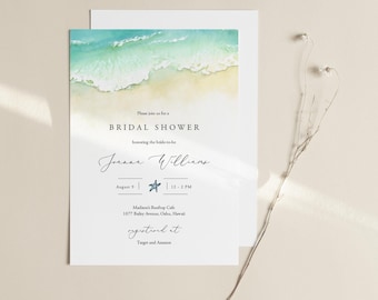 Seashore Bridal Shower Invitation Template Download, Editable Beach Bridal Shower Invite Ocean, Printable Beach DIY Invite Sand Templett C56