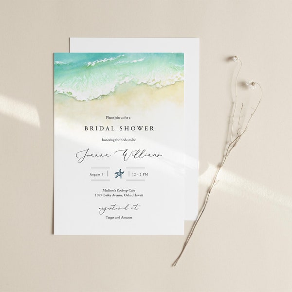 Seashore Bridal Shower Invitation Template Download, Editable Beach Bridal Shower Invite Ocean, Printable Beach DIY Invite Sand Templett C56