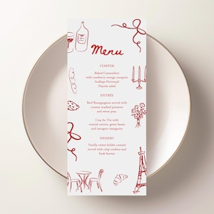 Menú de temática francesa, tarjeta de menú francesa, menú con garabatos caprichosos, menú inspirado en París, menú de cena francesa, plantilla de garabatos dibujada a mano, C119