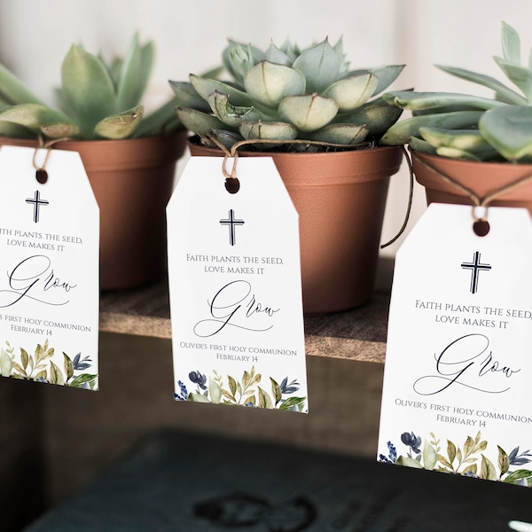Könnte beinhalten: Weiße Geschenkanhänger mit einem blauen Kreuz und dem Text "Faith plants the seed, love makes it grow" und "Oliver's First Holy Communion, February 14". Die Anhänger sind an kleinen Sukkulenten in Töpfen gebunden.
