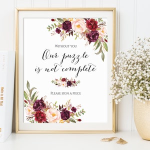 Senza di te il nostro puzzle non è completo, per favore firma un pezzo, cartello puzzle, cartello puzzle libro degli ospiti, libro degli ospiti matrimonio, cartello Marsala