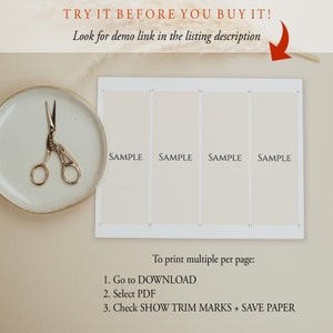 May include: A printable PDF template with four sample squares labeled "SAMPLE" for creating printable cards or labels. Instructions for printing multiple per page are included: "To print multiple per page: 1. Go to DOWNLOAD 2. Select PDF 3. Check SHOW TRIM MARKS + SAVE PAPER"