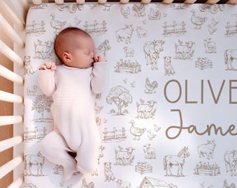Fitted Crib Sheet Personalized Farm Baby Sheet Custom Baby Name Bedding Farm Animal Nursery Decor Farmhouse Baby Shower Gift Newborn B36