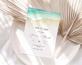 Beach Save The Date Template, Editable Save Our Date Card, Seashore Save Our Date Printable Sand, Ocean Save The Date Waves, Templett, C56