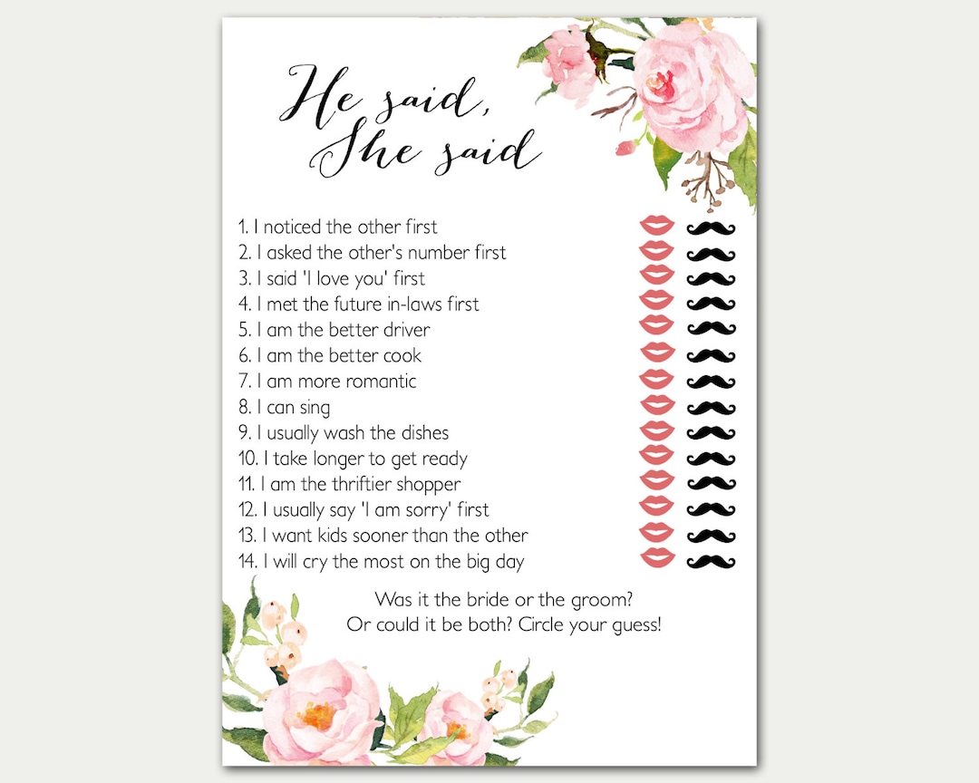 He Said She Said, Bridal Shower Game, He Said She Said Game, Floral