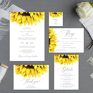 Sunflower Wedding Invitation Template, 5 Piece Set, Editable Wedding Invitation Suite, Printable Rustic Wedding Invitation Set, Templett C32 image 1