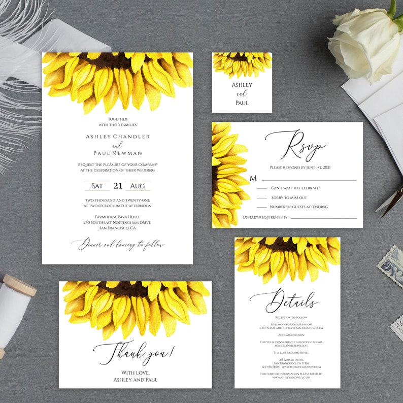 Sunflower Wedding Invitation Template, 5 Piece Set, Editable Wedding Invitation Suite, Printable Rustic Wedding Invitation Set, Templett C32 image 1