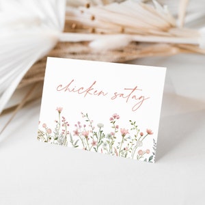 Kaartsjabloon Wilde bloemen buffet bewerkbare zomerbloem voedseletiket meisje babyshower voedselkaart lente bloemen eten notitie blush DIY Templett C101