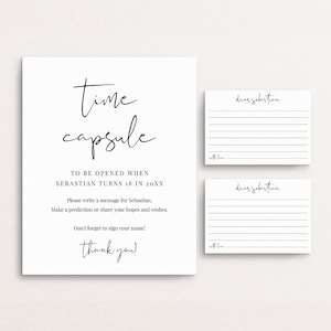 Minimalistische tijdcapsule-bord en -kaarten, tijdcapsule eerste verjaardag, moderne babyshower sjabloon tijdcapsule, babywensen, Templett C85
