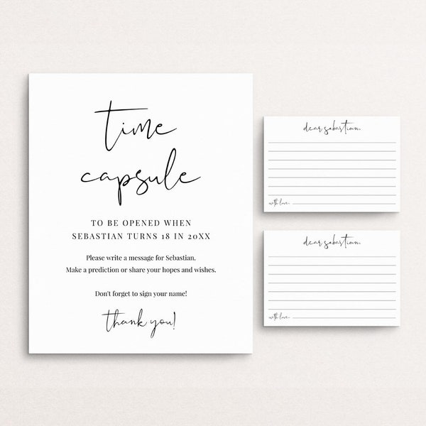 Minimalist Time Capsule Sign And Cards, First Birthday Time Capsule,  Modern Baby Shower Time Capsule Template, Baby Wishes, Templett C85