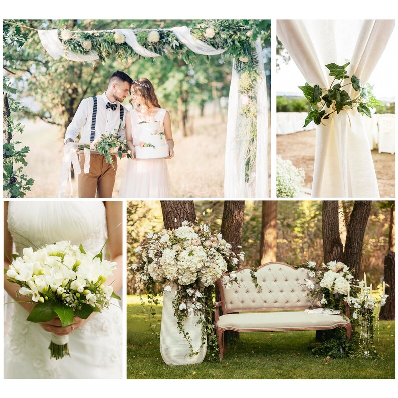 May include: A wedding ceremony setup in a forest with a white fabric archway decorated with greenery, a white couch with a floral arrangement, and a white bouquet of flowers.